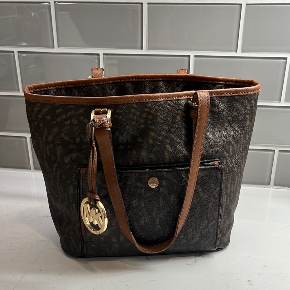 Michael Kors Brown/Tan Signature Coated‎ Canvas and Leather Jet Set Tote